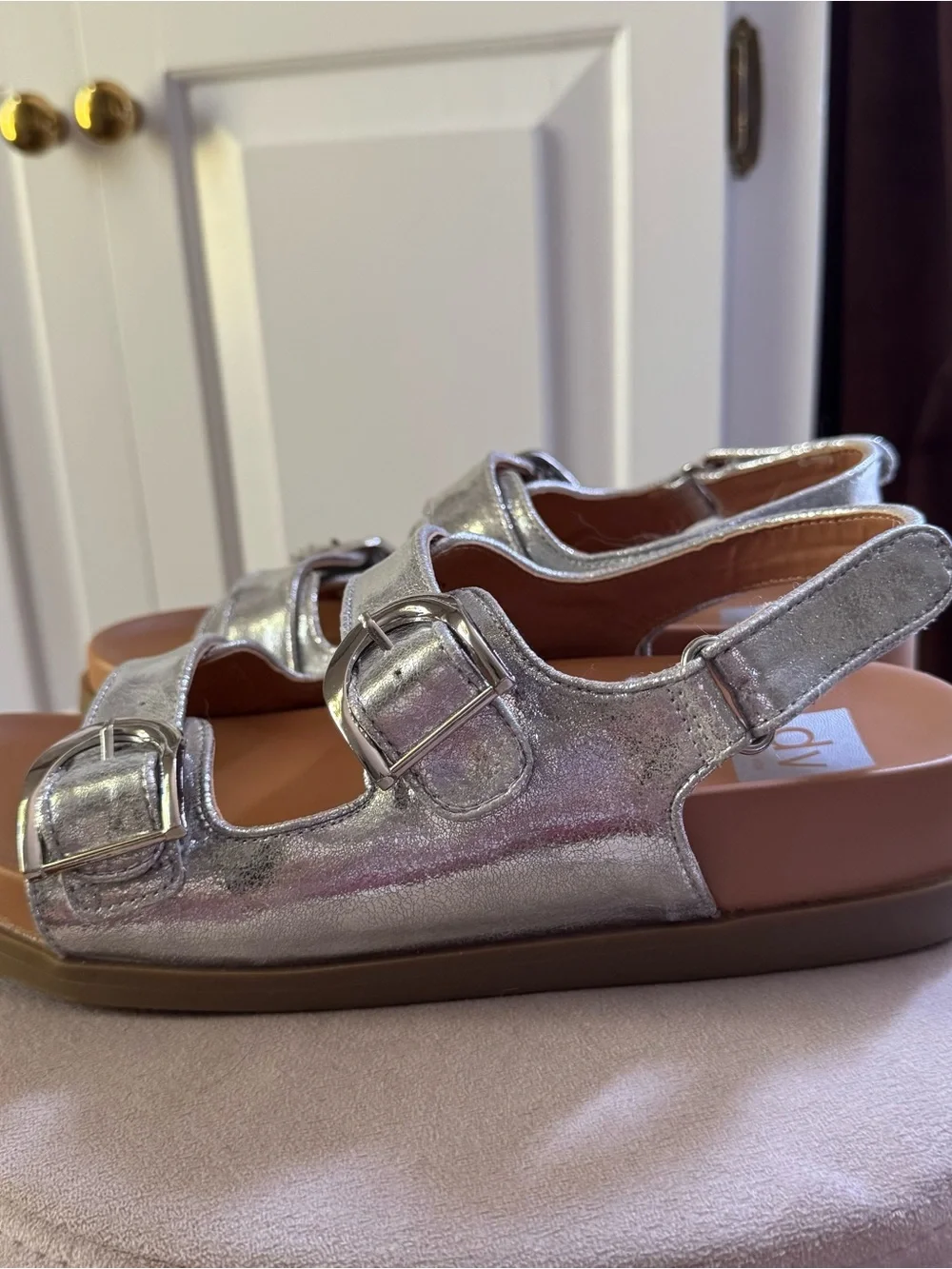 DV by Dolce Vita Almeda Metallic Silver Double-Buckle Slingback Sandals